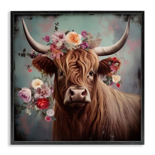 Stupell Industries Cow with Vintage Florals Black Framed Giclee Art